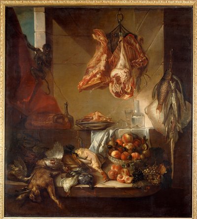Um interior de cozinha ainda vivo de caça, fruta e carne. Pintura de François Desportes (1661-1743) Chalons sur Marne do século XVIII, Musee des Beaux Arts de Alexandre Francois Desportes