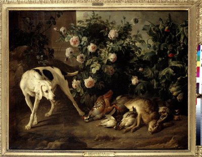 Jogo de guarda de cães perto de um arbusto de rosas Pintura por François Desportes (1661-1743) 1724 Sol. 1,07x1,38 m Paris, Musee du Louvre. de Alexandre Francois Desportes