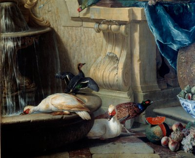 Patos, faisão, fruta perto de uma fonte Detalhe. pintura de François Desportes (1661-1743) Lyon do século XVIII, Musee des Beaux Arts de Alexandre Francois Desportes