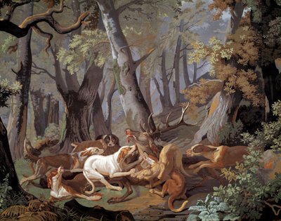 Papel de parede Stag Hunting Dussy depois de uma pintura de Alexandre-Francois Desportes (1661-1743). 1851. Paris, Artes Decorativas de Alexandre Francois Desportes