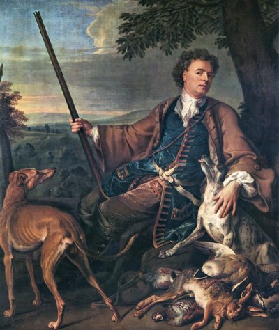 Francês: Portrait de M. Desportes peint par lui-même avec du gibier mort à ses pieds (Retrato do artista como caçador) Autorretrato em traje de caça de Alexandre Francois Desportes