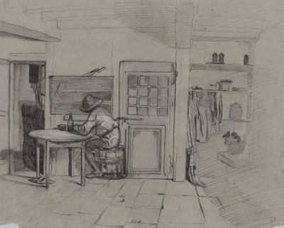 Um interior de fazenda com um menino em uma mesa de Alexandre Gabriel Decamps