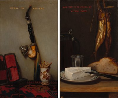 Natureza morta com cachimbo e fósforos e natureza morta com arenque, pão e queijo (par) de Alexandre Gabriel Decamps