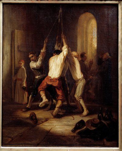 Os toques. Os homens puxam a corda para tocar os sinos. Pintura de Alexandre Gabriel Decamps (1803-1860) de Alexandre Gabriel Decamps