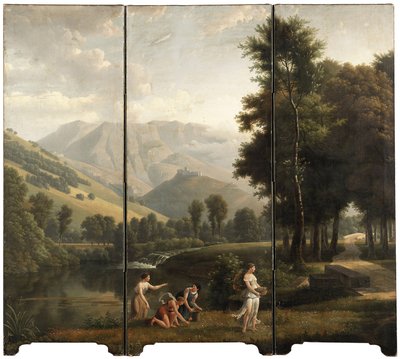 Uma paisagem da Arcada com donzelas colhendo flores em uma margem do rio, um castelo no topo de uma colina além, 1801 de Alexandre Hyacinthe Dunouy