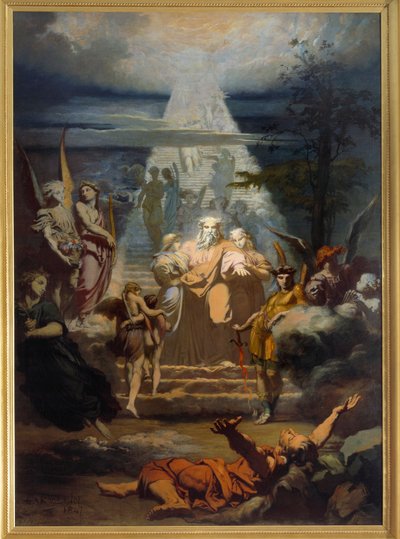 A escada de Jacob Jacob, tendo saído da sua terra, adormeceu e sonhou com uma grande escala. Pintura de Alexandre Laemlein (1813-1871) de Alexandre Laemlein