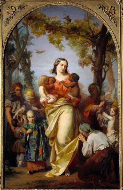 Caridade Universal. Personificação da Caridade que tem em seus braços os diferentes povos do mundo. Pintura de Alexandre Laemlein (1813-1871) de Alexandre Laemlein