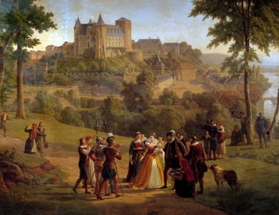 Vista do castelo de Pau onde nasceu Henrique IV, tirada do grande parque Detalhe representando um grupo de pessoas provavelmente composto por Jeanne d