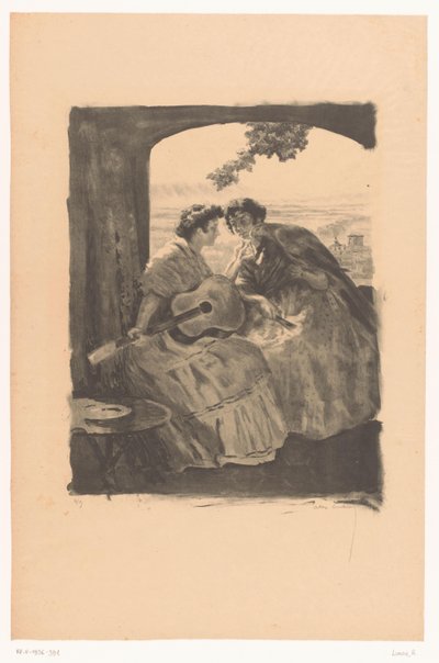 Duas mulheres espanholas com guitarra e um papagaio de Alexandre Lunois (signed by artist)