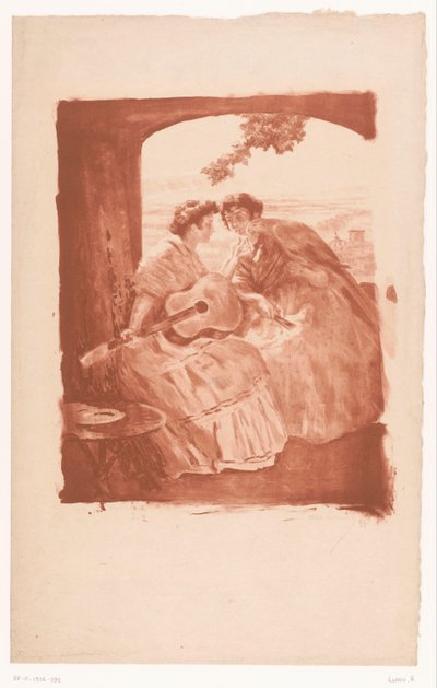 Duas mulheres espanholas com guitarra e um papagaio de Alexandre Lunois (signed by artist)