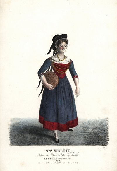 A atriz Mademoiselle Minette ou Jeanne-Marie-Francoise Menestrier como Françoise em Nicolas Remi por Sewrin, Theatre du Vaudeville de Alexandre Marie Colin