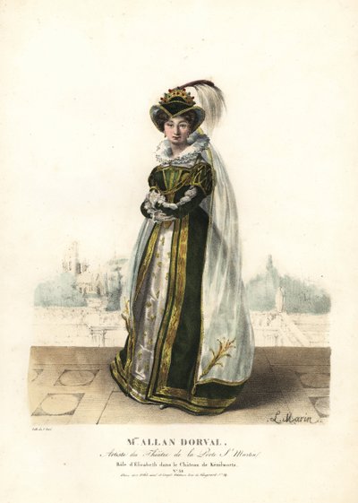 Marie Dorval ou Madame Allan Dorval como Rainha Elisabeth em Le Chateau de Kenilworth por Jean-Baptiste Blache e Henri Lemaire, Theatre de la Porte St. de Alexandre Marie Colin