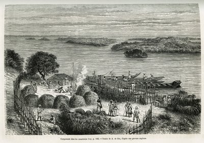 O acampamento fortifica a expedição para se proteger dos canibais Mouana Ntaba, perto do rio Leopold (Congo), desenhada por A.De Bar, para ilustrar a história "Do outro lado do continente misterioso", uma viagem feita entre 1874-1877, por Sir H.M. Stanley. de Alexandre de (after) Bar