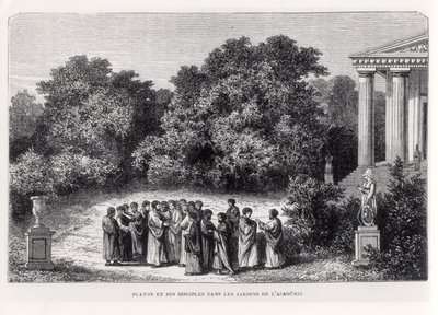 Platão (c.427-c.348 aC) e seus discípulos no Jardim da Academia, de "La Vie des Savants Illustres", de Louis Figuier, gravados por Laplante, c.1870 de Alexandre de Bar
