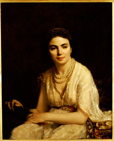 Retrato, mulher, desgastar, pérola, colar, segurando, ventilador de Alexei Alexevich Harlamoff