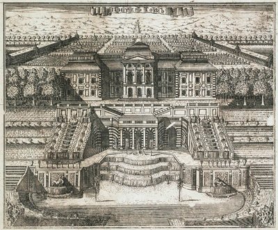 Vista do Grande Palácio em Peterhof, 1717. de Alexei Ivanovich Rostovtsev
