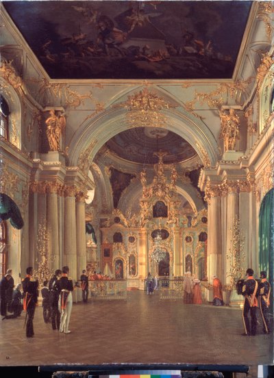 Interior da Grande Igreja no Palácio de Inverno - Pintura de Alexei Vasilyevich Tyranov (1808-1859), óleo sobre tela, arte russa do século XIX - State Hermitage, São Petersburgo de Alexei Vasilievich Tyranov