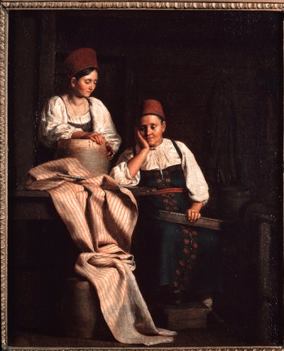 Tecelões - Pintura de Alexei Vasilyevich Tyranov (1808-1859), óleo sobre tela, arte russa do século XIX - Galeria Estatal Tretyakov, Moscou de Alexei Vasilievich Tyranov