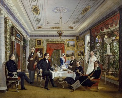 A família Tarnovskj a beber chá à mesa de Alexei Yakovlevich Voloskov