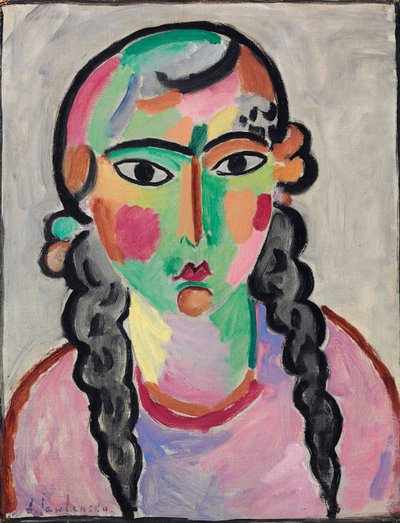 La fille pale aux tresses grises - A Pale Girl with Grey Pigtails, de Alexej von Jawlensky (Javlensky) (1864-1941). Óleo sobre papel, c. 1916. Dimensão : 63,5x49,5 cm. Coleção Particular de Alexej von Jawlensky