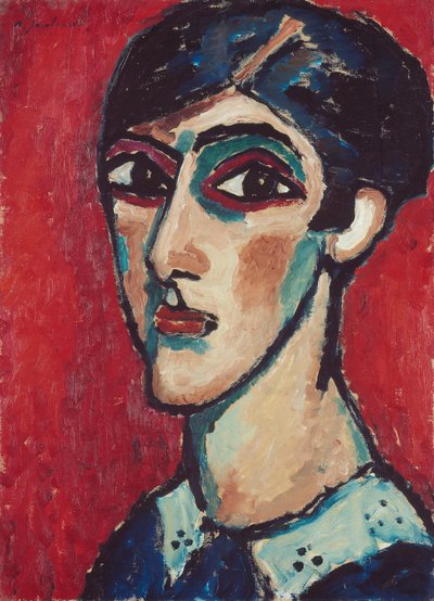 Cabeça alongada em castanho-avermelhado (Grande cabeça de mulher sobre fundo vermelho) de Alexej von Jawlensky