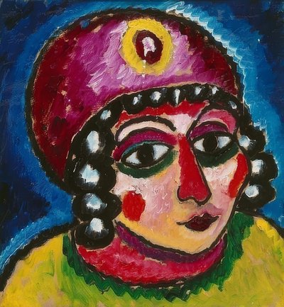 A cabeça da menina com turbante vermelho e agraffe amarelo (princesa bárbara). Por volta de 1912 de Alexej von Jawlensky