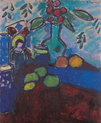 Natureza-morta com pintura em vidro invertido, vaso verde e frutos de Alexej von Jawlensky