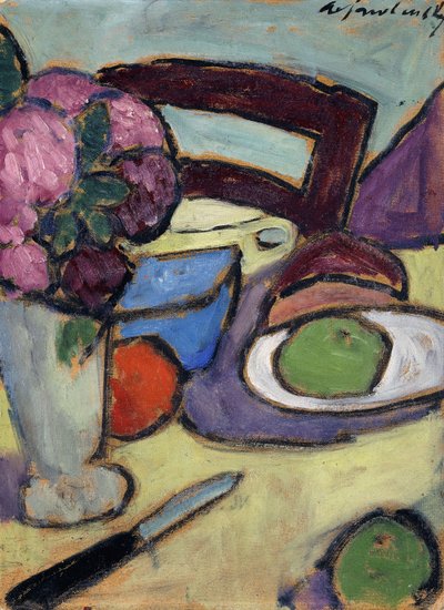 Natureza morta com cadeira e buquê; Natureza morta com cadeira e rua de flores, 1906 de Alexej von Jawlensky