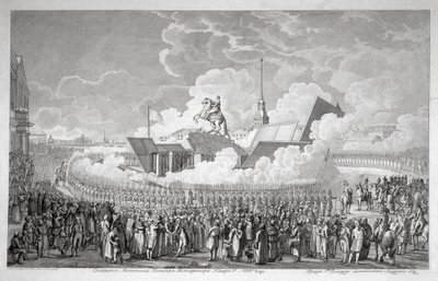 Abertura da estátua equestre de Pedro, o Grande na Praça do Senado São Petersburgo em 1782, início de 1 de Alexey Kupriyanovich Melnikov