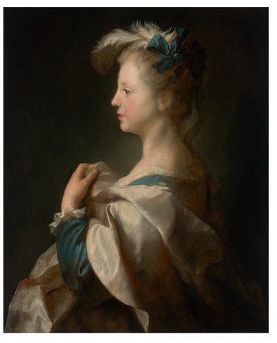 Retrato de uma rapariga, a meio comprimento, de perfil, com um vestido de fantasia de Alexis Grimou