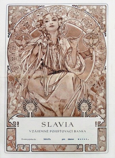 Apólice de seguro da Companhia de Seguros Slavia, 1942. de Alfons Marie Mucha