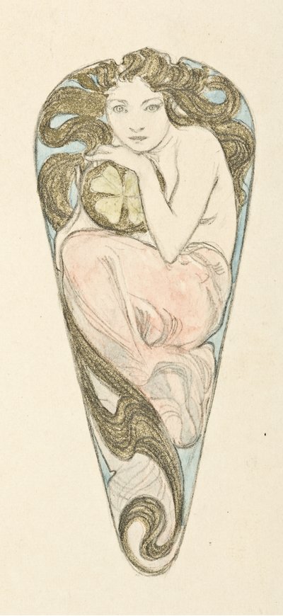 Projeto em miniatura para pingente de um fecho de corpete grande, c. 1900. de Alfons Marie Mucha