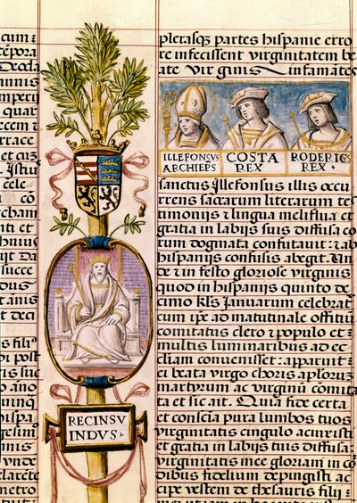 Retrato de Flavius ​​​​Recceswinth, Rei dos Visigodos da Espanha de 653 até sua morte em 672, miniatura em "Genealogia dos Reis da Espanha" de Alfonso de Cartagena