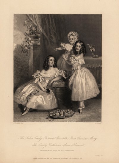 Retrato de Emily Blanche Charlotte, Rose Caroline e Emily Catherine Anne Somerset, filhas de Henry Somerset, 7º Duque de Beaufort. Três jovens irmãs com argolas em vestidos de cetim com fitas e rendas, sapatos de balé. Gravura em aço de J. Thomson a de Alfred Edward (after) Chalon