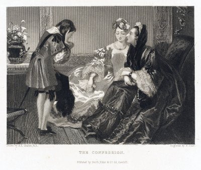A confissão, relacionada com uma história com o mesmo título, uma mulher com um grande vestido preto inclina-se para a frente para ouvir a confissão de um rapaz, que cobre o rosto com as mãos de Alfred Edward (after) Chalon