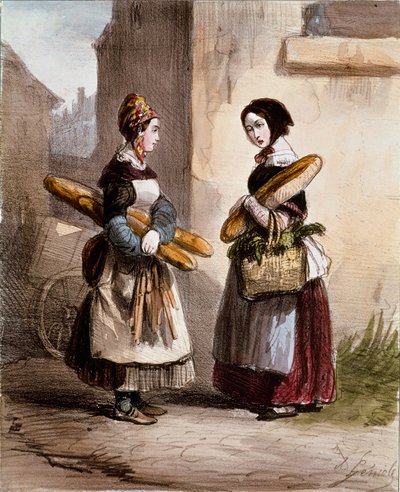 Pequenos meandros: a padaria. O jovem comerciante de pão ambulante. Impressão de Alfred Andre Geniole (1813-1861) de "Les femmes de Paris" 1841-1842 Paris, Musee Carnavalet de Alfred Andre Geniole