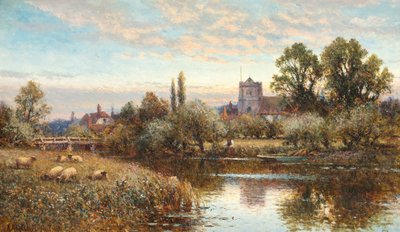 Ovelhas pastando antes da Igreja de Wrotham, crepúsculo de Alfred Augustus Glendening