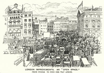 Soco cartoon: London Improvements. Um "Espaço Aberto" - congestionamento de trânsito em Londres vitoriana (gravação) de Alfred Chantrey Corbould