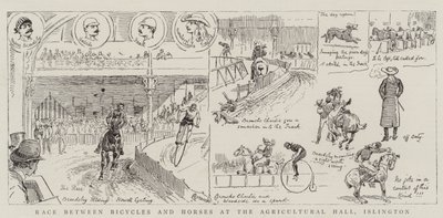 Corrida entre bicicletas e cavalos no salão agrícola, Islington de Alfred Chantrey Corbould