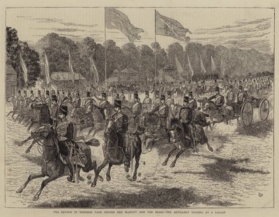 A revisão no parque de Windsor antes de sua majestade e o xá, a artilharia que passa em um galope de Alfred Chantrey Corbould