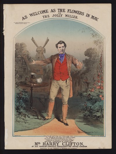 As Welcome as the Flowers in May, ou The Jolly Miller, composta e cantada por Harry Clifton, capa da partitura vitoriana de Alfred Concanen