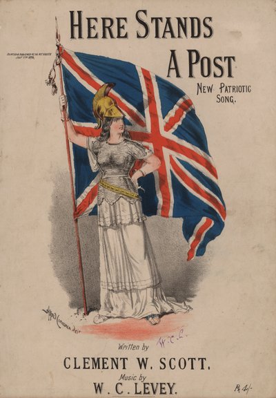 Here Stands a Post, New Patriotic Song - Britannia holding the Union Jack (cor litho) de Alfred Concanen