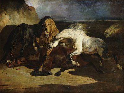 Garanhões lutando em uma paisagem tempestuosa, de Alfred Dedreux