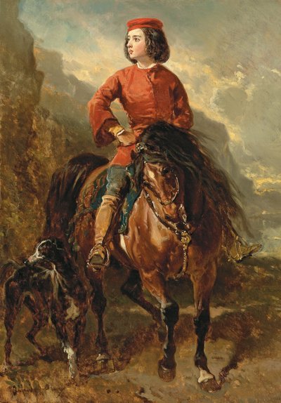Jovem cavaleiro em Shetland, com um galgo; Jovem piloto montando um shetland e galgo, século XIX de Alfred Dedreux