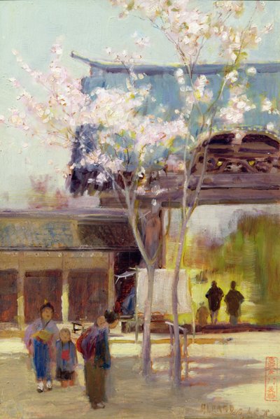 Cerejeiras no Sammon, c.1889 (óleo sobre painel) de Alfred East