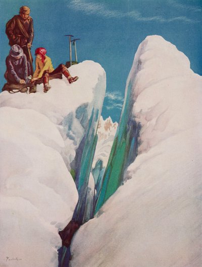 A fenda, Tragédia do alpinismo, desenho de Alfred Bestall (1892-1986) do The Tatler, n.º 1366, 31 de agosto de Alfred Edmeades Bestall
