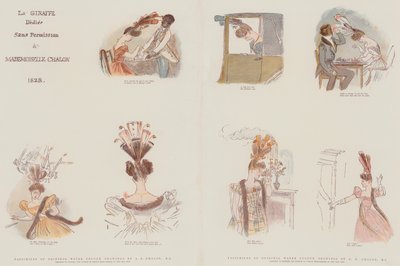 Fac-símiles de desenhos a cores originais de água, concebidos para satirizar a moda feminina em cabeça-vestidos do ano de 1828 (cromolitro) de Alfred Edward Chalon