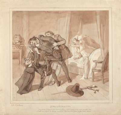 Gil Blas, Enquanto Pratica Medicina sob a orientação do Dr. Sangrado, Encontra o Dr. Cuchillo na Cabeceira da Mercearia de Alfred Edward Chalon