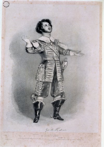 Giovanni Battista Rubini (1794-1854) como Arturo em &39;I Puritani&39;, cópia da prova de &39;Recordações da Ópera Italiana&39;, gravada por Richard James Lane (1800-72), 1836 (ver 123979 para cor) de Alfred Edward Chalon