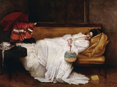 Uma garota com um ventilador japonês dormindo no sofá, de Alfred Emile Stevens
